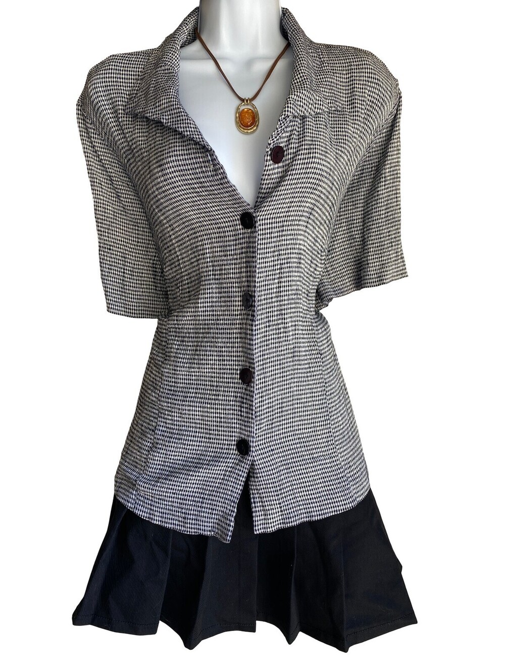 90s VTG Casual Corner Plus Size 1X Button Up Blouse Black White Checked Office